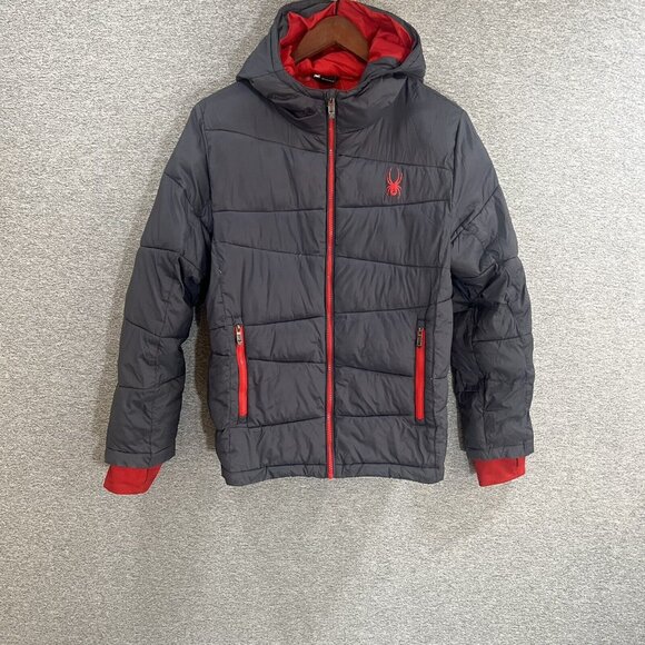 Spyder Boys Dark Gray Red Puffer Full Zip Jacket Hoodie Pockets Size L (14-16) - Picture 16 of 16
